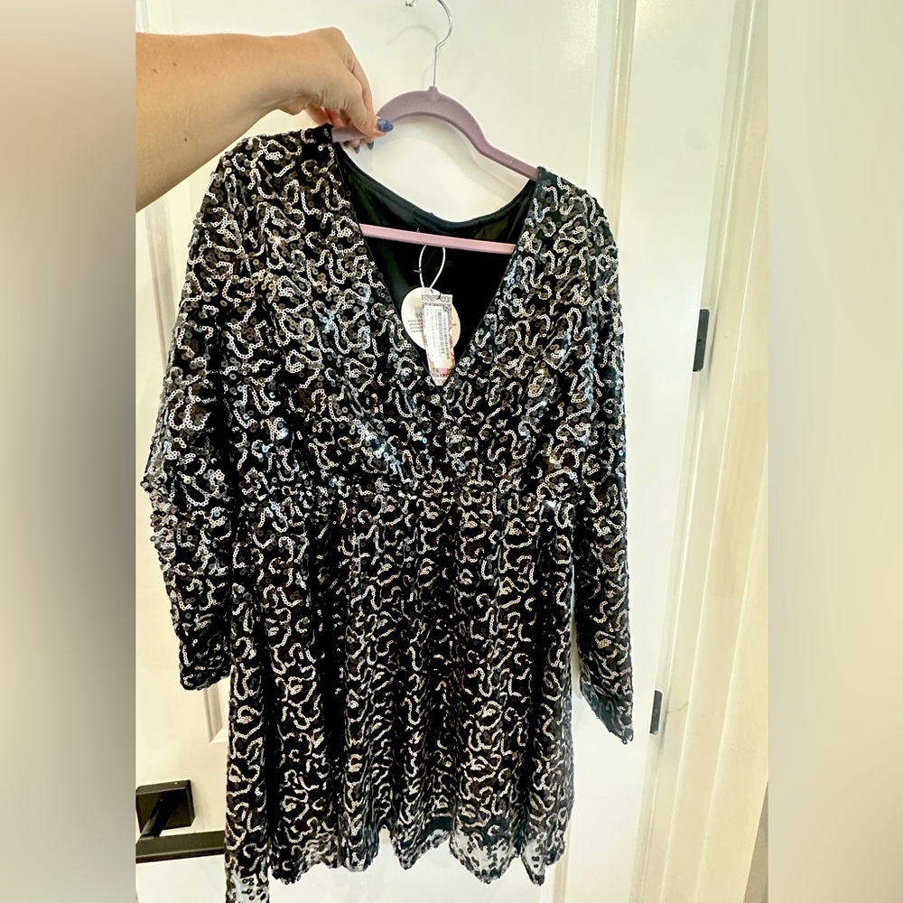 Boohoo Sequin Black and Silver Wrap Skater Dress NWT